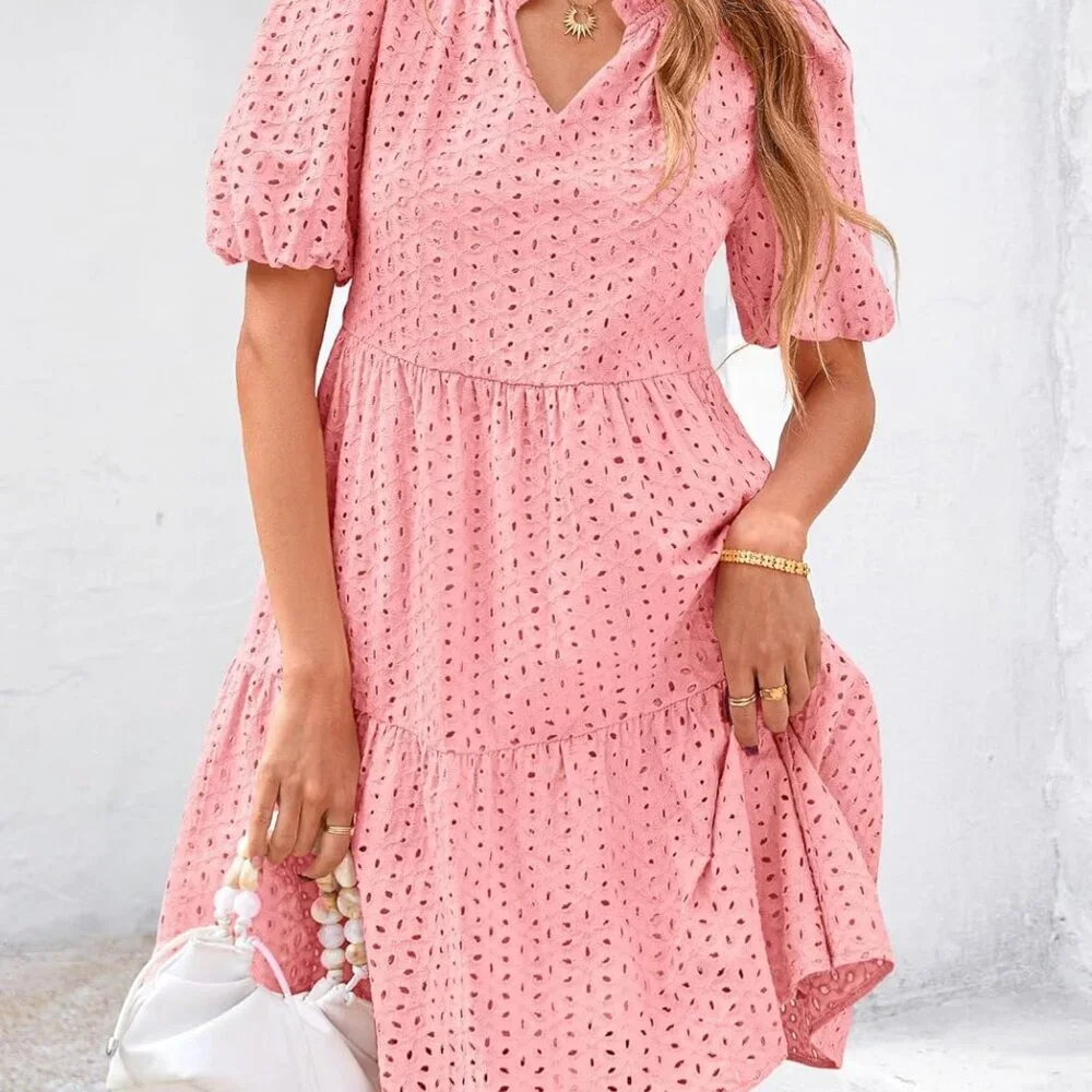 Eyelet Summer Dresses for Women 2025 Mini Casual Hollow Out Short Sleeve Lace Ti - Picture 8 of 8